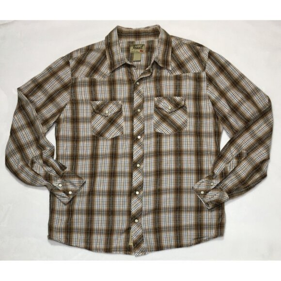 Fossil Pearl Snap Shirt L Men's Brown Plaid L/S Disco Western Cowboy Chest 47" - Picture 2 of 9